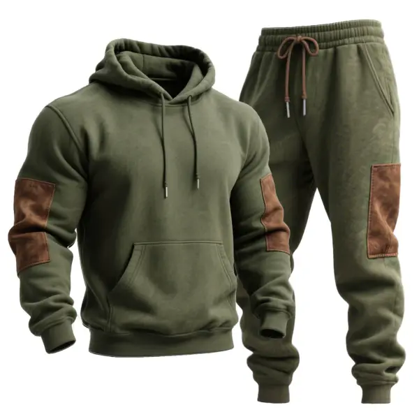 Men's Vintage Army Green Stitching Brown Suede Pocket Hoodie And Sweatpants Jogger Set - Wayrates.com 