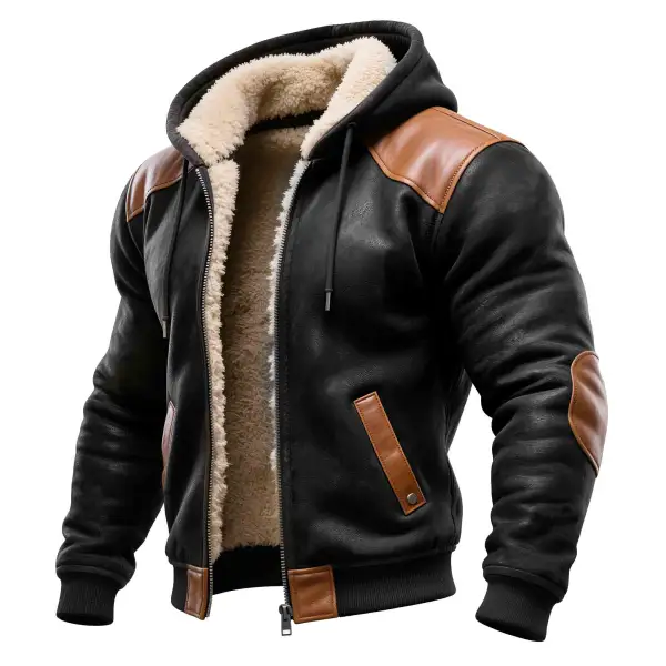 Men's Vintage Black Contrast Leather Warm Fleece Hooded Jacket - Wayrates.com 