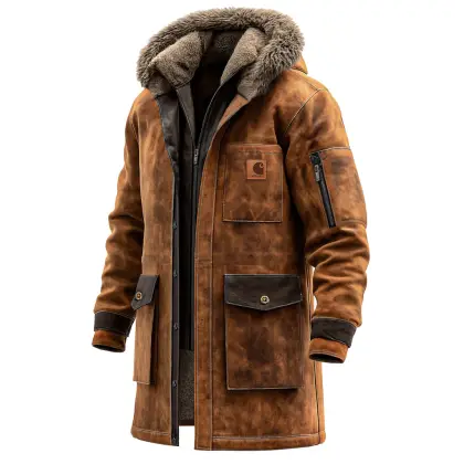 Men's Vintage Brown Suede Color-Block Multiple Pockets Double-Collar Stand Collar Fleece Hooded Jacket Coat