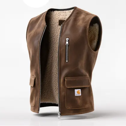 Men's Retro Western Cowboy Suede Brown Leather Vest With Sherpa Lining