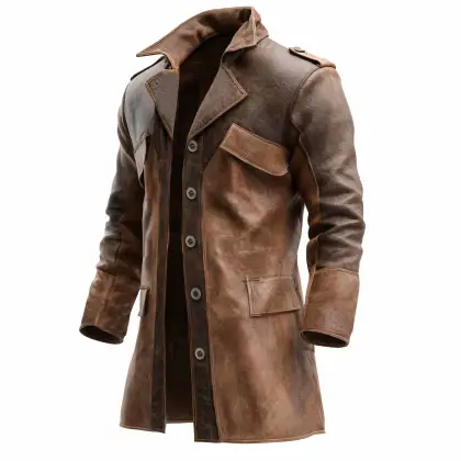 Men's Vintage Contrast Color Block Leather Lapel Long Sleeve Jacket Coat