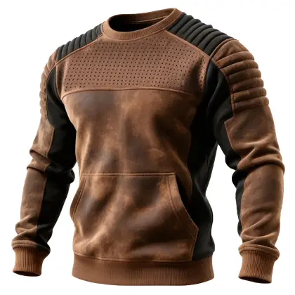 Men's Vintage Brown And Black Leather Quilted Sweatshirt With Perforated Details