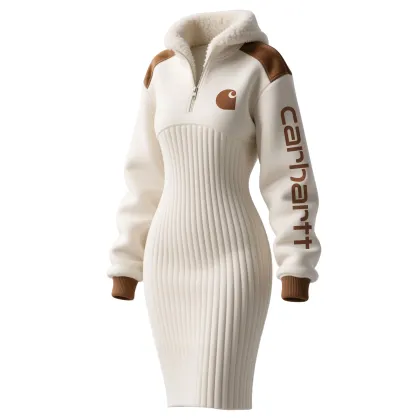 Women's Carhartt Vintage Contrast Color Stitching Suede Lambswool Lapel Hooded Long Sweatshirt