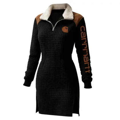 Women's Vintage Quilted Plaid Waffle Fur Collar Zipper Dress