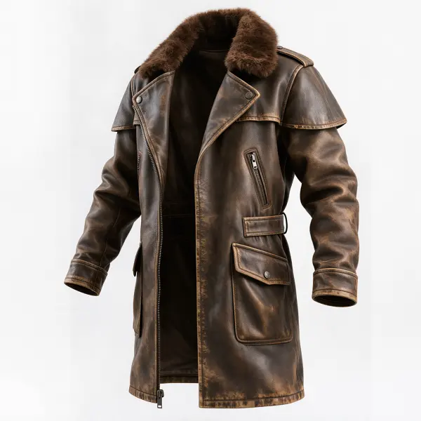 Men's Vintage Brown Leather Coat With Fur Collar - Wayrates.com 
