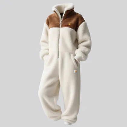 Women's Contrast Color Stitching Lamb Wool Stand Collar Jumpsuit Long Sleeve Long Pants Elastic Waist Jumpsuit