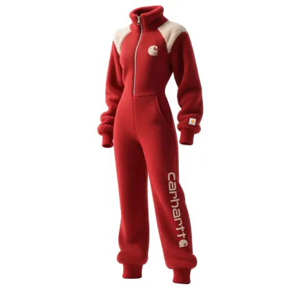 Women's Contrast Color Stitching Lamb Wool Stand Collar Jumpsuit Long Sleeve Long Pants Elastic Waist Jumpsuit