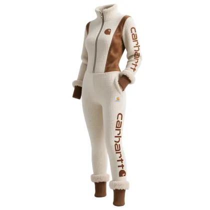 Women's Contrast Color Stitching Waffle Stand Collar Jumpsuit Long Sleeve Trousers Elastic Waist Jumpsuit