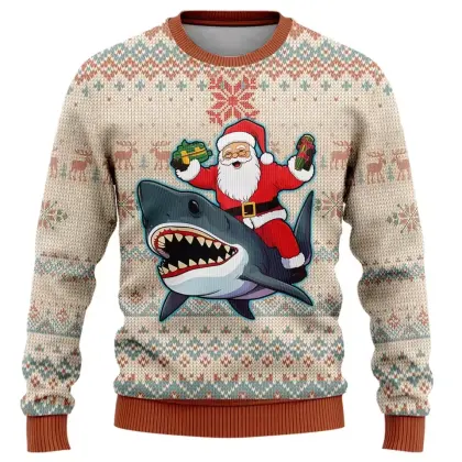 Santa Riding A Shark Ugly Christmas Sweater