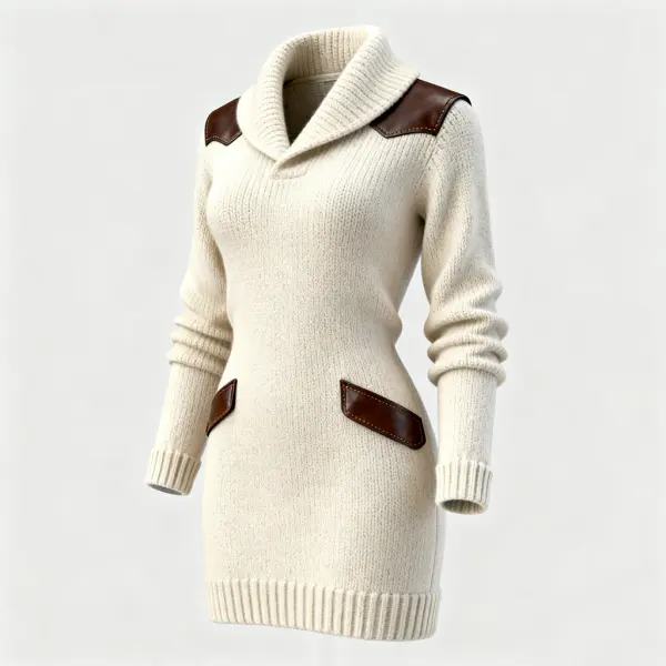 Women'sElegant Cream Knit Dress With Leather Accents - Wayrates.com 