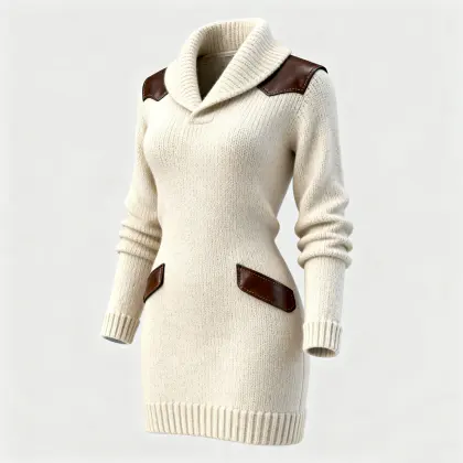 Women'sElegant Cream Knit Dress With Leather Accents
