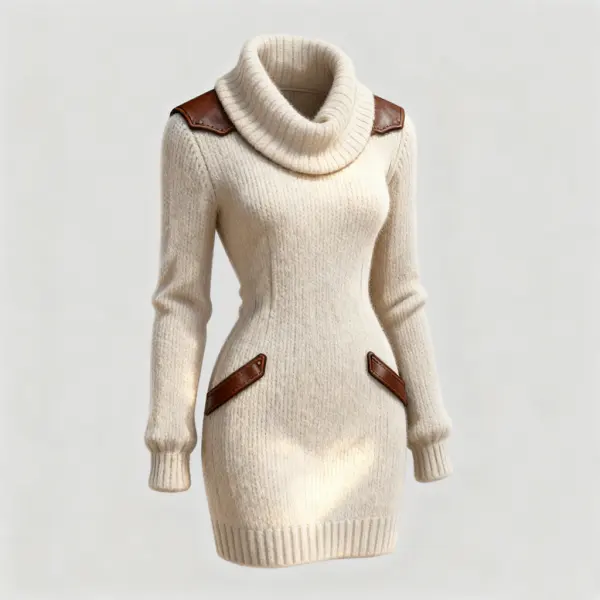 Women's Vintage Cream High Neck Knitted Dress With Leather Accents - Wayrates.com 