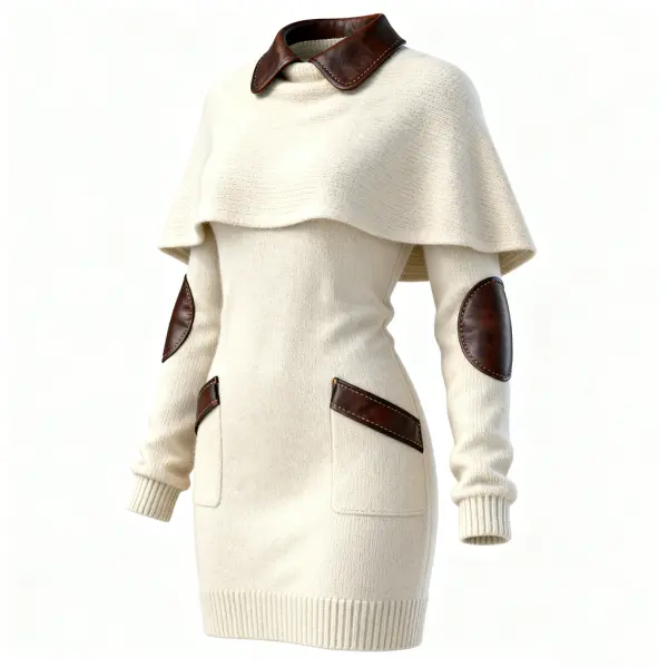 Women's Elegant Beige Knit Cape Dress With Leather Accents - Wayrates.com 