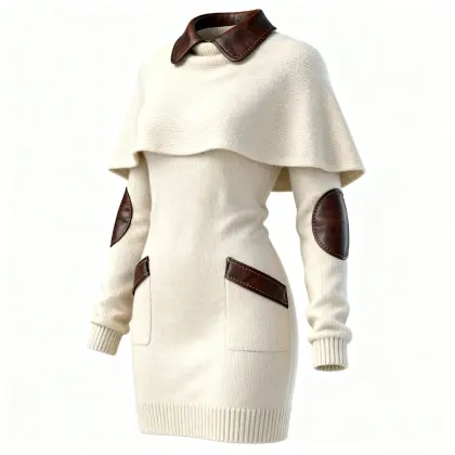Women's Elegant Beige Knit Cape Dress With Leather Accents