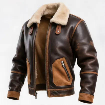 Men's Vintage Brown Leather Jacket With Faux Fur Collar
