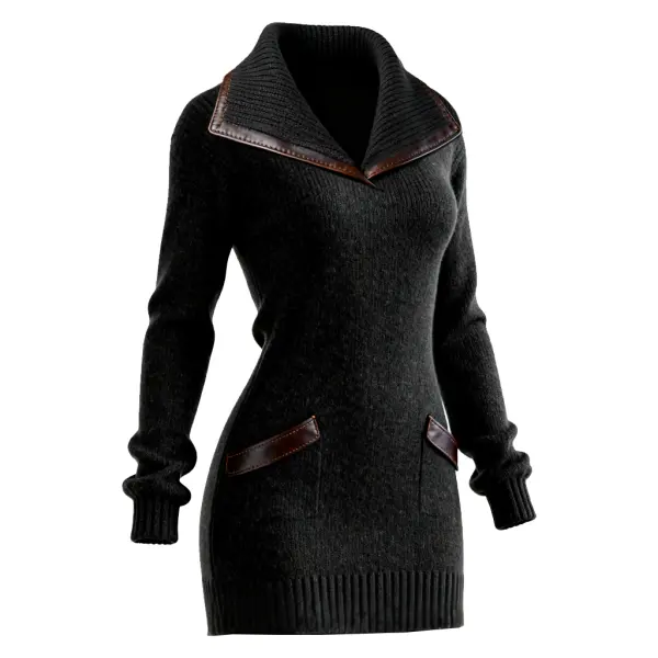 Women's Elegant Black Knit Dress With Leather Trim - Wayrates.com 