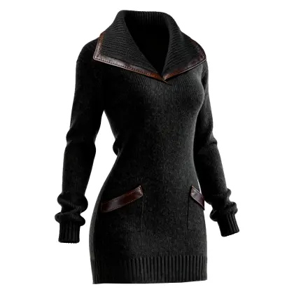 Women's Elegant Black Knit Dress With Leather Trim