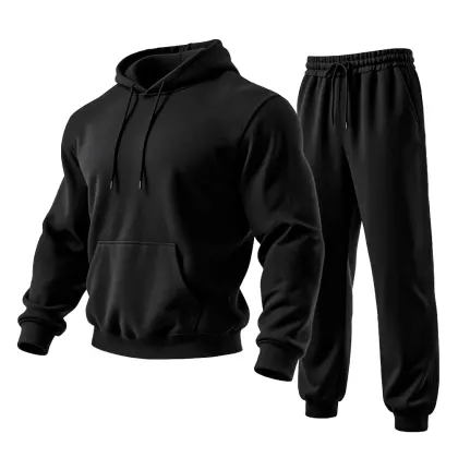 Men's Vintage Solid Color Pocket Hoodie And Sweatpants Jogger Set