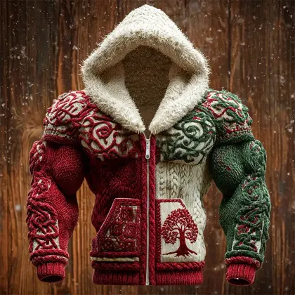 3D Print Christmas Ugly Sweater Celtic Tree Knit Pattern Men's Hooded Zip-up Sweater