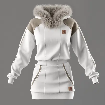 Winter Fashion White Hooded Jacket With Fur Trim And Matching Skirt Set