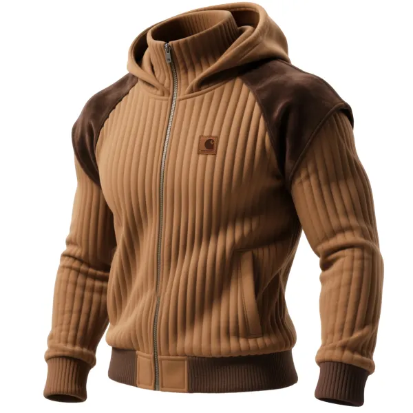Men's Retro Vertical Striped Color Block Suede Turtleneck Stand Collar Jacket, Warm Hooded Outerwear - Wayrates.com 
