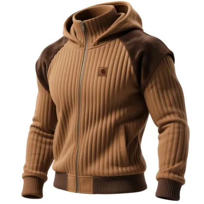 Men's Retro Vertical Striped Color Block Suede Turtleneck Stand Collar Jacket, Warm Hooded Outerwear