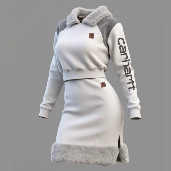 Women's Retro Winter Chic Faux Fur Trimmed Hoodie Dress Two Piece Set Of Top And Skirt - Wayrates.com 