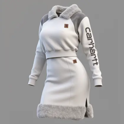 Women's Retro Winter Chic Faux Fur Trimmed Hoodie Dress Two Piece Set Of Top And Skirt