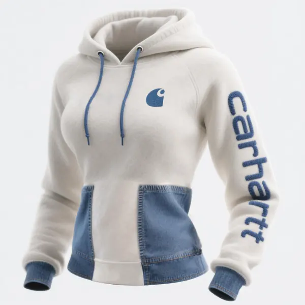 Women's Vintage Denim Suede Embroidered Logo Patch Hoodie - Wayrates.com 