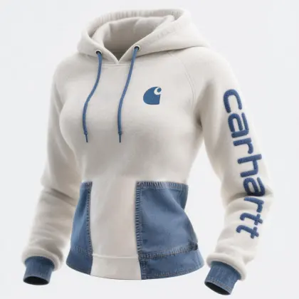 Women's Vintage Denim Suede Embroidered Logo Patch Hoodie