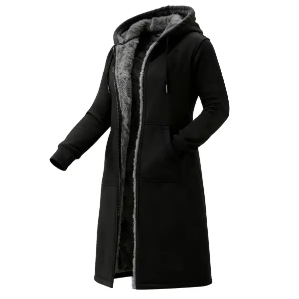 Women's Vintage Fleece Pocket Full Zip Long Sleeve Hoodie Long Coat - Wayrates.com 