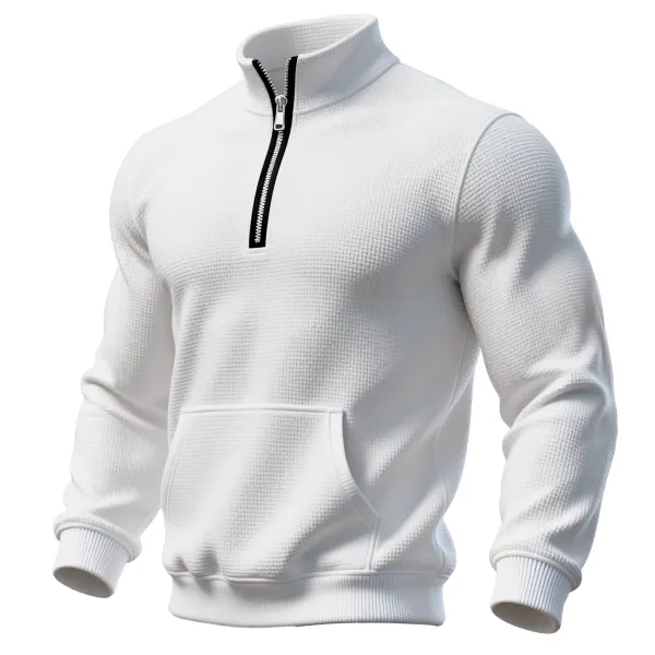 Casual And Comfortable Mini Waffle Fabric 1/4 Zip-up Stand Collar Sweatshirt - Wayrates.com 