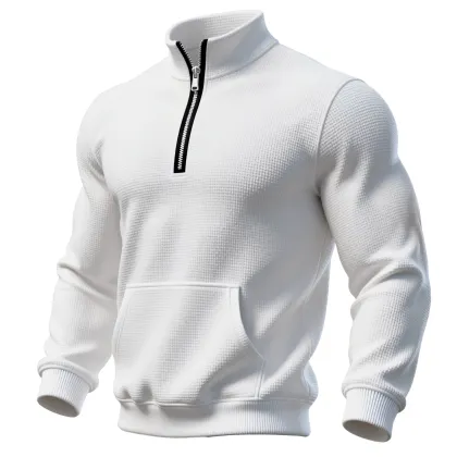 Casual And Comfortable Mini Waffle Fabric 1/4 Zip-up Stand Collar Sweatshirt