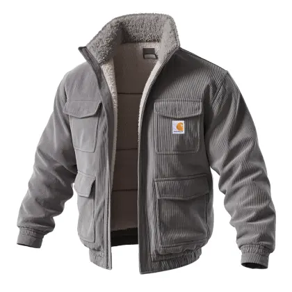 Men's Vintage Warm Gray Corduroy Jacket With Fleece Lining