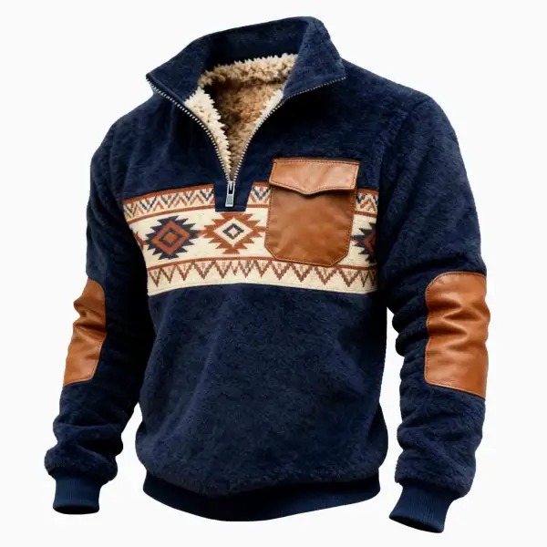 Men's Vintage Navy Blue Fleece Leather Ethnic Aztec Pocket Quarter Zip Stand Collar Sweatshirt - Wayrates.com 