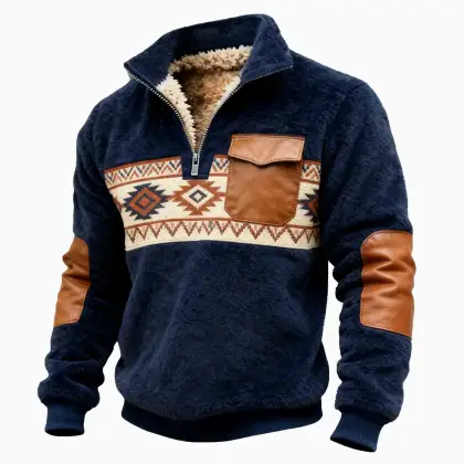 Men's Vintage Navy Blue Fleece Leather Ethnic Aztec Pocket Quarter Zip Stand Collar Sweatshirt