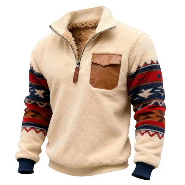 Men's Vintage Beige Fleece Leather Ethnic Aztec Pocket Quarter Zip Stand Collar Sweatshirt - Wayrates.com 