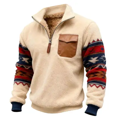 Men's Vintage Beige Fleece Leather Ethnic Aztec Pocket Quarter Zip Stand Collar Sweatshirt