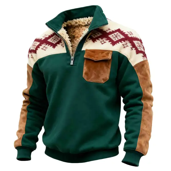 Men's Vintage Dark Green Fleece Leather Ethnic Aztec Pocket Quarter Zip Stand Collar Sweatshirt - Wayrates.com 
