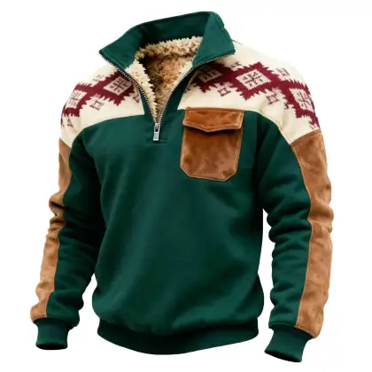 Men's Vintage Dark Green Fleece Leather Ethnic Aztec Pocket Quarter Zip Stand Collar Sweatshirt