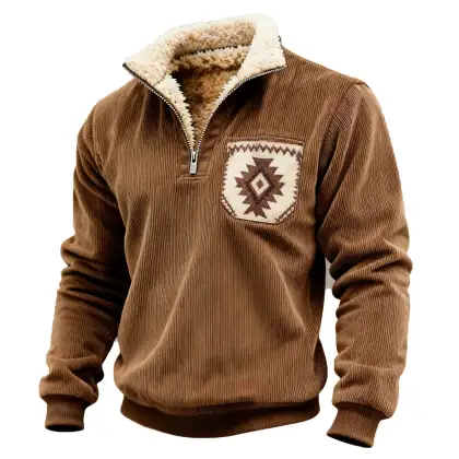 Men's Vintage Corduroy Fleece Ethnic Style Aztec Pocket Quarter Zip Stand Collar Sweatshirt