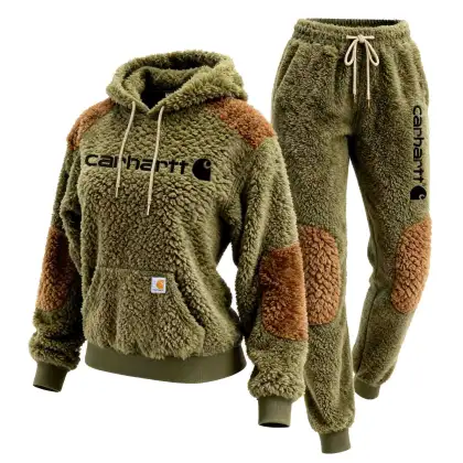 Women's Vintage Embroidered Fleece Olive Green Color Block Pocket Hoodie And Sweatpants Jogger Set