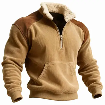 Men's Vintage Corduroy Color Block Suede Pocket Quarter Zip-Up Stand Collar Sweatshirt