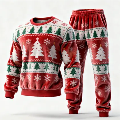 Unisex Cozy Christmas Pajama Set With Festive Tree And Snowflake Patterns
