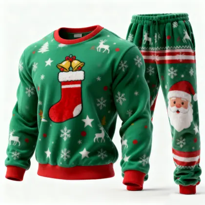 Unisex Christmas Themed Green Pajama Set With Reindeer And Santa Claus Design