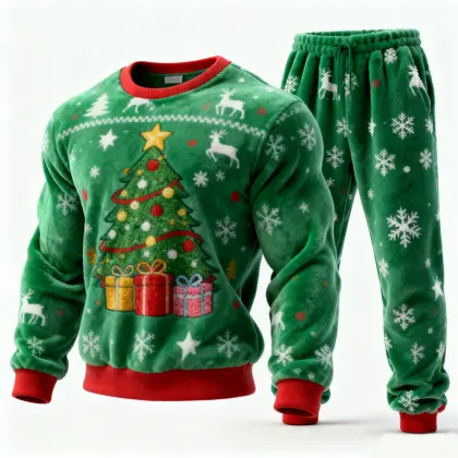 Unisex Casual Party Christmas Themed Fleece Pajama Set With Tree And Deer Design