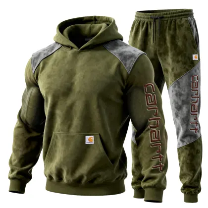 Men's Suede Vintage Olive Green Hoodie And Jogger Set With Contrast Panels