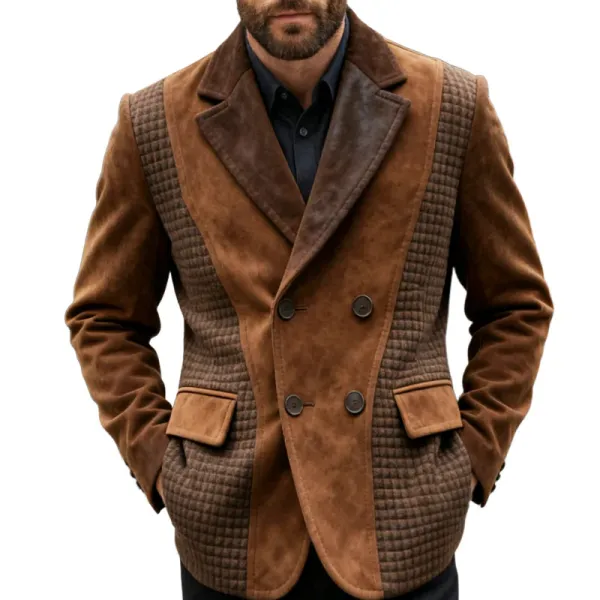 Men's Retro Casual Faux Suede Patchwork Waffle Plaid Blazer - Wayrates.com 