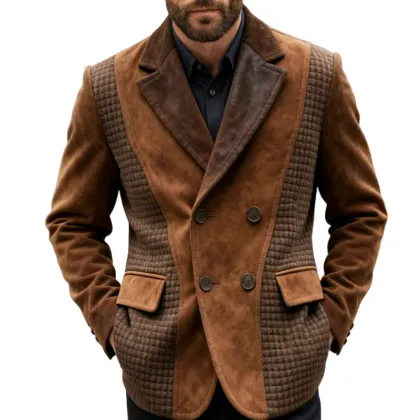 Men's Retro Casual Faux Suede Patchwork Waffle Plaid Blazer