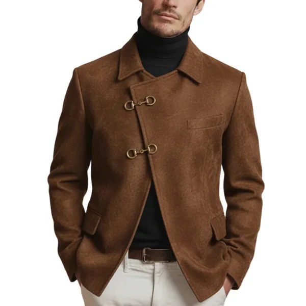 Men's Classic Retro Lapel Slanted Placket Metal Buckle Faux Suede Jacket - Wayrates.com 